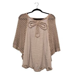 a.n.s Womens Crochet Top O/S? Oversize Tan Open Knit Dolman Sleeve Embroidery